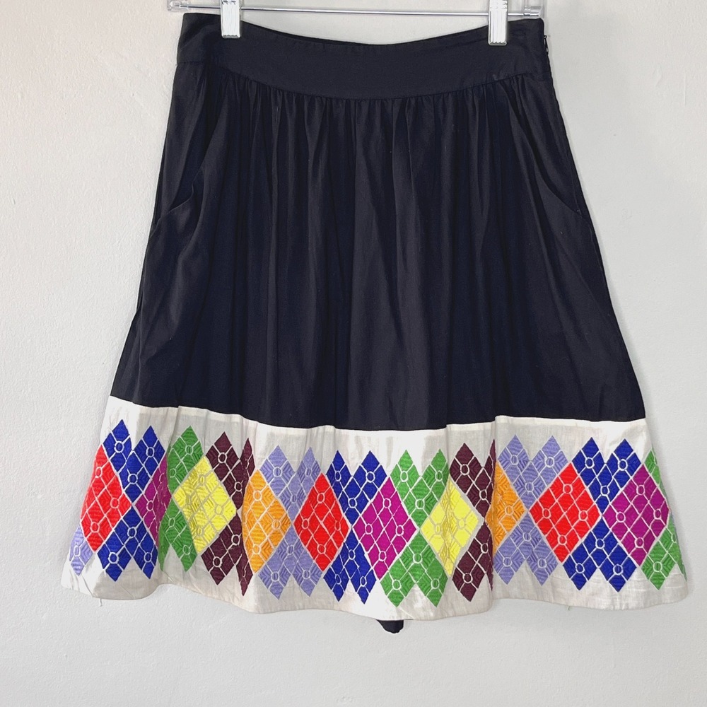 Anthropologie Floreat Skirt A-Line Quilted Geometric Hem 4 Black Folk Boho Artsy